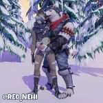  3d_background anthro balls bear canid canine canis clothed clothing duo epic_games fortnite genitals hi_res looking_at_another looking_at_partner male male/male mammal partially_clothed penis polar_bear polar_patroller red_nehi stroking_penis ursine wendell_(fortnite) wolf 