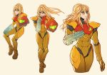  1girl arm_cannon artist_name blonde_hair blue_eyes closed_mouth commentary english_commentary full_body grey_background gun hair_between_eyes helmet lips long_hair looking_at_viewer looking_away messy_hair metroid open_mouth oxcoxa ponytail power_armor power_suit power_suit_(metroid) samus_aran sidelocks simple_background sitting standing turtleneck weapon 