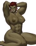  2023 abs absurd_res breasts female green_body green_eyes green_skin hair hi_res humanoid humanoid_pointy_ears muscular muscular_female navel nipples not_furry nude orc red_hair simple_background sitting solo sotcho tusks white_background 