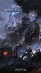  1boy 1girl aircraft arm_up carlson_(iron_saga) copyright_name drink fritz_(iron_saga) highres holding iron_saga mecha night official_art robot scenery science_fiction sitting smoke standing 