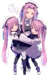  3girls bare_shoulders beret black_dress black_gloves black_pantyhose blush boots breasts dress echo_(circa) euryale_(fate) fate/grand_order fate_(series) girl_sandwich gloves hair_ribbon hat hug jacket large_breasts long_hair long_sleeves medusa_(fate) medusa_(saber)_(fate) multiple_girls off_shoulder open_mouth pantyhose parted_bangs purple_eyes purple_hair ribbon sandwiched siblings sidelocks sisters skirt small_breasts smile stheno_(fate) twintails very_long_hair white_headwear white_jacket white_skirt 
