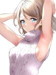  1girl armpits arms_behind_head blue_eyes borgbutler breasts brown_hair cable_knit commentary_request highres looking_at_viewer love_live! love_live!_sunshine!! medium_breasts parted_lips short_hair sideboob sleeveless sleeveless_sweater smile solo sweater turtleneck turtleneck_sweater upper_body watanabe_you white_background white_sweater 