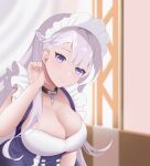  1girl adjusting_hair azur_lane belfast_(azur_lane) braid breasts broken broken_chain chain cleavage framed_breasts french_braid highres indoors large_breasts leaning_forward light_purple_hair light_smile looking_at_viewer maid maid_headdress purple_eyes solo weitaming_c 