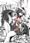  1girl absurdres bird_wings black_hair black_skirt black_wings breasts buttons collared_shirt dated feathered_wings foot_out_of_frame hat highres large_breasts necktie open_mouth partially_colored pleated_skirt pointy_ears qingwa_chi_she red_headwear red_necktie shameimaru_aya shirt short_hair short_sleeves signature skirt smile solo tokin_hat touhou white_shirt wings 