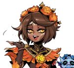  1boy 1girl :d brown_gloves brown_hair facial_mark fingerless_gloves flower gloves hair_flower hair_ornament hand_up la_ilusion_qiyana la_ilusion_ziggs league_of_legends orange_eyes orange_flower phantom_ix_row qiyana_(league_of_legends) short_hair simple_background smile solo_focus teeth tongue upper_teeth_only white_background yordle ziggs 