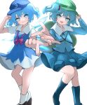  2girls :d absurdres backpack bag black_footwear blue_dress blue_eyes blue_footwear blue_headwear blue_shirt blue_skirt boots bow cirno closed_mouth collared_shirt commentary cosplay detached_wings dress flat_cap green_headwear hair_bobbles hair_ornament hand_on_headwear hat highres ice ice_wings index_finger_raised kawashiro_nitori kawashiro_nitori_(cosplay) key looking_at_viewer mikan_(manmarumikan) multiple_girls open_mouth red_bow rubber_boots shirt simple_background skirt smile socks touhou two_side_up white_background white_shirt white_socks wings 