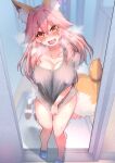  1girl animal_ears blue_footwear blush breasts brown_shirt cleavage collarbone covered_nipples doorway fate/extra fate/grand_order fate_(series) fox_ears fox_girl fox_tail japanese_clothes large_breasts looking_at_viewer naked_shirt open_mouth orange_eyes pink_hair shirt shirt_tug single_bare_shoulder smile solo sweat tail tamamo_(fate) tamamo_no_mae_(fate/extra) textless_version thighs trembling wisespeak yellow_eyes 