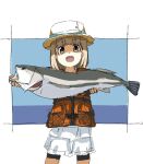  1girl animal brown_eyes brown_hair fish hat highres holding holding_animal holding_fish houkago_teibou_nisshi kogam_art1 medium_hair open_mouth solo standing tsurugi_hina 