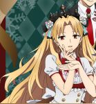  1boy 1girl alternate_costume apron artist_request black_ribbon black_tiara blonde_hair bow bowtie brown_skirt earrings ereshkigal_(fate) fate/grand_order fate_(series) hair_ribbon hand_on_own_face hoop_earrings jewelry long_hair maid official_art red_eyes red_tie ribbon skirt smile white_apron 