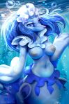  absurd_res anthro areola bloominglynx blue_body blue_eyes blue_hair blue_skin breasts bubble female fin flippers fully_submerged generation_7_pokemon hair hi_res looking_at_viewer navel nintendo nipples pokemon pokemon_(species) primarina solo tail tail_fin underwater water 