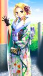  1girl black_gloves blonde_hair closed_mouth day doukyuusei_another_world floral_print furisode game_cg gloves green_kimono japanese_clothes kimono long_sleeves looking_at_viewer maijima_karen obi orange_eyes outdoors print_kimono sash short_hair_with_long_locks sidelocks smile solo standing 