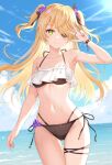  1girl bikini black_bikini blonde_hair breasts eyepatch fischl_(genshin_impact) flower genshin_impact green_eyes hair_flower hair_ornament hair_ribbon highres horizon long_hair nasii navel ribbon sky small_breasts smile solo stomach swimsuit twintails two_side_up water 