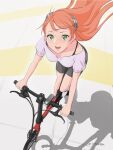  1girl aida_rayhunton bicycle black_shorts breasts collarbone green_eyes ground_vehicle gundam gundam_g_no_reconguista hair_flowing_over hair_ornament long_hair looking_at_viewer looking_up mitsutsu322 open_mouth pants pink_hair riding riding_bicycle shadow short_sleeves shorts smile solo yoga_pants 