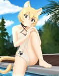  absurd_res animal_humanoid blonde_hair blush breasts brown_eyes clothing ear_tuft erdfurry female hair hi_res human humanoid mammal misha_(kemono_michi:_rise_up) mostly_nude small_breasts solo swimming_pool swimwear tuft 