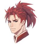  1boy cropped_shoulders eyeshadow fate/grand_order fate_(series) high_ponytail li_shuwen_(fate) li_shuwen_(young)_(fate) light_frown long_hair looking_at_viewer makeup male_focus ponytail red_eyeshadow red_hair sdz_(inazuma) sideburns thick_eyebrows white_background 
