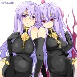  2girls alternate_costume aura bare_shoulders breasts circlet corruption dark_aura dark_persona dual_persona fire_emblem fire_emblem:_genealogy_of_the_holy_war julia_(fire_emblem) large_breasts long_hair mind_control multiple_girls purple_eyes purple_hair red_eyes simple_background smile thighs yukia_(firstaid0) 