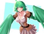  1girl ahoge belt blue_background blush breasts cleavage closed_eyes commentary feathered_wings feathers green_feathers green_hair green_wings harpy highres large_breasts medium_hair messy_hair monster_girl original pleated_skirt short_sleeves skirt solo twitter_username two-tone_background white_background white_skirt winged_arms wings xynian_arts 