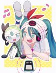  1girl :d beanie border collared_shirt commentary_request crossover eyelashes feet_up green_eyes green_hair hair_between_eyes hat hatsune_miku highres kana_(kanna_runa0620) long_hair lying meloetta musical_note on_stomach open_mouth pokemon pokemon_(creature) shirt shoe_soles short_sleeves smile teeth tongue twintails upper_teeth_only vocaloid white_border white_headwear white_shirt yellow_background 