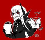  1girl @_@ arrow_(symbol) artist_name bandana_around_neck blending blush bottle breasts bucket check_food clip_studio_paint_(medium) commentary condensed_milk dated drooling english_commentary english_text fangs food girls&#039;_frontline hair_between_eyes headgear holding holding_bottle jacket long_hair m4_sopmod_ii_(girls&#039;_frontline) madcore mechanical_hands motion_lines multicolored_hair open_mouth red_background red_eyes red_hair shaking shaved_ice simple_background smile solo sound_effects streaked_hair teeth upper_body very_long_hair zipper 