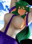  1girl :/ absurdres armpits arms_behind_head arms_up backlighting blush breasts cloud commentary day dutch_angle expressionless frog_hair_ornament green_hair hair_ornament hair_tubes highres huge_breasts kochiya_sanae long_hair looking_at_viewer mizuga outdoors sideboob solo sweat symbol-only_commentary touhou upper_body very_long_hair yellow_eyes 