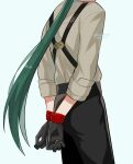  1girl arms_behind_back black_pants bound bound_wrists commentary_request dated genjitsu_o_miro gloves green_hair highres long_hair own_hands_together pants pokemon pokemon_sv ponytail shirt simple_background sleeves_rolled_up solo suspenders twitter_username 