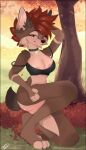  2023 3_toes 4_fingers anthro areola areola_slip autumn autumn_leaves black_border black_clothing black_collar black_eyebrows black_eyelashes black_nose black_shirt black_tank_top black_topwear blush border bottomless bottomless_anthro bottomless_female brown_body brown_claws brown_ears brown_fur brown_tail butt canid canine canis claws clothed clothing collar collar_tag countershade_face countershade_legs countershade_thighs countershade_torso countershading day domestic_dog eyebrows feet female finger_claws fingers fluffyfoxarts fur genitals grass hair hand_behind_head hand_on_leg hand_on_thigh hi_res inner_ear_fluff kneeling leaf looking_at_viewer mammal multicolored_body multicolored_fur outside pink_areola pink_pussy plant pussy red_eyes red_hair shirt short_hair signature sky snout solo tail tan_body tan_fur tan_inner_ear tan_inner_ear_fluff tank_top toe_claws toes topwear tree tuft two_tone_body two_tone_fur yellow_sky 