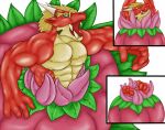  2013 4_fingers abs anthro blonde_eyebrows blonde_hair clothed clothing countershade_face countershade_torso countershading delga dragon eyebrows eyes_closed fangs fingers fist flower hair horn leaf long_hair looking_down male muscular muscular_anthro muscular_male nipples open_mouth pecs plant plant_vore raised_arms red_body sharp_fangs simple_background snout solo teeth topless topless_anthro topless_male topwear vest vore white_background white_body xxxkrista19xxx 