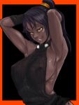  1girl armpits arms_up backless_outfit black_background black_sweater bleach border breasts brown_lips covered_nipples dark-skinned_female dark_skin eyelashes halterneck high_ponytail highres large_breasts lips long_hair looking_at_viewer meme_attire naked_sweater nipples no_bra orange_border outside_border parted_lips purple_hair ribs seductive_smile see-through shihouin_yoruichi sideboob simple_background sleeveless sleeveless_sweater smile solo sweater tata_(pixiv57531723) upper_body very_dark_skin virgin_killer_sweater yellow_eyes 