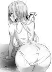  1girl ass azur_lane azur_lane:_slow_ahead backboob bare_back bare_shoulders bent_over blush breasts from_behind greyscale hori_(hori_no_su) long_hair looking_at_viewer looking_back monochrome naked_towel official_alternate_costume official_art onsen rock sideboob solo towel voroshilov_(azur_lane) voroshilov_(devoted_as_the_warm_snow)_(azur_lane) water wet 