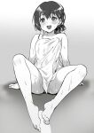  1girl :d arm_rest arms_at_sides barefoot blank_censor blush bottomless breasts censored collarbone commentary_request disembodied_penis dot_nose feet full_body greyscale hair_between_eyes idoly_pride knees_up leaning_back legs_apart looking_at_viewer medium_breasts mole mole_on_neck monochrome naked_towel open_mouth penis plum_(arch) shadow short_hair short_ponytail sidelocks sitting smile solo suzumura_yuu sweat teeth thighs toes towel upper_teeth_only wet 