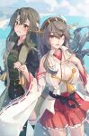  2girls bare_shoulders black_hair boots breasts brown_eyes dark_green_hair detached_sleeves green_eyes hachimaki hair_between_eyes hair_ornament hairband hairclip haruna_(kancolle) haruna_kai_ni_(kancolle) headband headgear highres himeyamato japanese_clothes jinbaori kantai_collection large_breasts long_hair multiple_girls nontraditional_miko official_alternate_costume official_alternate_hairstyle open_mouth red_skirt ribbon-trimmed_sleeves ribbon_trim skirt smile tasuki thigh_boots zuikaku_(kancolle) zuikaku_kai_ni_(kancolle) 