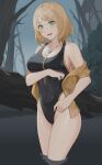  1girl ashley_graham blonde_hair blush bob_cut breasts brown_jacket cleavage forest green_eyes highres jacket jewelry looking_at_viewer nature necklace one-piece_swimsuit resident_evil resident_evil_4 short_hair sideboob swimsuit thighs wangxiii water 