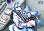  anthro blue_body blue_eyes blue_fur blue_hair blue_necktie bottomwear canid clothed clothing coat fur glistening glistening_eyes grey_bottomwear grey_clothing grey_pants grey_topwear hair hi_res high-angle_view holding_object kuttoyaki lab_coat laboratory looking_at_viewer male mammal mouth_closed multicolored_body multicolored_fur multicolored_hair necktie pants sitting solo topwear two_tone_body two_tone_fur two_tone_hair white_body white_clothing white_coat white_fur white_hair white_topwear 