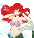  1girl 5rwpvc ariel_(disney) armpits bare_arms blue_eyes blush breasts collarbone highres large_breasts long_hair mermaid monster_girl parted_lips red_hair shell shell_bikini simple_background smile solo the_little_mermaid very_long_hair white_background 