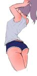  1girl arms_up ass bare_arms bare_legs breasts check_commentary commentary commentary_request cropped_legs curvy from_behind ikkakufutari nape obscured original ponytail purple_hair school_uniform shiny_skin shirt short_shorts shorts simple_background sketch sleeveless sleeveless_shirt small_breasts sweat thighs tying_hair white_background 