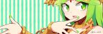  1girl armlet forehead_jewel green_eyes green_hair highres jewelry kid_icarus kid_icarus_uprising looking_at_viewer nail_polish open_mouth palutena pendant smile solo striped striped_background twitter_username upper_body yu_makoto_(yu_uma) 