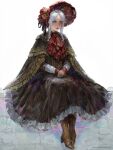  1girl artist_name ascot bloodborne bonnet boots brown_footwear cloak closed_mouth doll_joints dress flower hat high_heel_boots high_heels highres joints long_sleeves oreki_genya own_hands_together parted_bangs plain_doll red_ascot red_headwear ribbon rose short_hair simple_background sitting solo stone_wall wall white_background white_hair 