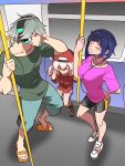  1boy 2girls ahoge alhaitham_(genshin_impact) alternate_costume antenna_hair baseball_cap bench bike_shorts black_hair black_shorts blunt_bangs casual commentary_request contemporary earphones from_above genshin_impact green_shirt green_shorts grey_hair hair_between_eyes hands_on_headphones hat headphones highres holding imtmcomics indoors klee_(genshin_impact) light_brown_hair listening_to_music long_hair low_twintails multiple_girls music parted_bangs purple_shirt red_shirt shirt shoes short_hair short_sleeves shorts sidelocks singing sitting sneakers t-shirt train_interior twintails yelan_(genshin_impact) 