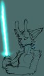  4_fingers alien antennae_(anatomy) anthro blep cora_the_mirromy crossover empty_eyes felid fingers forehead_gem frostwyrm102 lightsaber male mammal melee_weapon mirromy simple_background solo star_wars tongue tongue_out weapon 