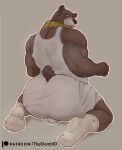  absurd_res anthro back_muscles bear bodily_fluids bottomwear bulge butt clothing footwear hi_res looking_at_viewer male mammal musclegut muscular muscular_male papa_bear_(puss_in_boots) rear_view shirt shorts shy socks solo sweat sweaty_butt the_dumbid topwear 