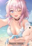  1girl ;d absurdres b1ack_illust beach bikini black_choker blue_eyes blurry blurry_background blush breasts choker cleavage collarbone commentary cowboy_shot depth_of_field earrings hair_between_eyes highres honkai:_star_rail honkai_(series) jewelry march_7th_(honkai:_star_rail) medium_breasts medium_hair one_eye_closed open_hand open_mouth outstretched_arm pink_eyes pink_hair selfie single_earring smile solo swimsuit two-tone_eyes user_interface 