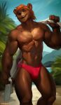  2023 anthro bear brown_body brown_fur chunie clothing detailed_background digital_media_(artwork) fur hair hi_res holding_object holding_towel looking_at_viewer male mammal muscular muscular_anthro muscular_male nipples open_mouth orange_hair shirtless_male smile solo speedo swimwear towel 