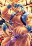  1boy absurdres animal_ears armband bara bicep_strap clenched_teeth commentary_request fangs fundoshi furry furry_male hachimaki happi headband highres indie_virtual_youtuber japanese_clothes jewelry lantern lion_boy lion_ears lion_mane lion_tail looking_at_viewer male_focus necklace nejiri_hachimaki paper_lantern saro_(rotsw_00022) summer_festival taiko_sticks tail teeth tohdoh_raigo 