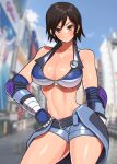  1girl akisu_k blue_shorts blue_sky blurry blurry_background breasts brown_eyes brown_hair city cleavage closed_mouth cloud cloudy_sky cowboy_shot elbow_gloves elbow_pads gloves hand_on_own_hip kazama_asuka large_breasts looking_at_viewer navel osaka_(city) outdoors short_hair shorts sky smile solo stomach strapless tekken tekken_5 tomboy tube_top v-shaped_eyebrows zipper zipper_pull_tab 