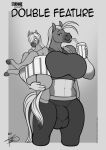  5_fingers anthro anthro_on_anthro big_breasts breasts comic duo english_text equid equine fingers freckles_(artist) genital_outline gynomorph gynomorph/male herm_(lore) hooves horse intersex intersex/male intraspecies juniper_(freckles) larger_gynomorph larger_intersex male mammal size_difference smaller_male tail text 