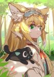  1girl absurdres animal_ear_fluff animal_ears animal_on_shoulder arknights black_cat blonde_hair blue_hairband cardigan cat cat_on_shoulder chinese_commentary closed_mouth commentary_request crossover fox_ears fox_girl frilled_hairband frills green_eyes hair_ornament hair_scrunchie hairband highres long_hair looking_at_viewer looking_to_the_side luo_xiaohei luo_xiaohei_zhanji multicolored_hair neck_ribbon official_alternate_costume red_ribbon ribbon sao7 scrunchie smile suzuran_(arknights) suzuran_(spring_praise)_(arknights) two-tone_hair upper_body white_hair yellow_cardigan 