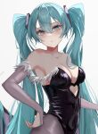 1girl bare_shoulders black_leotard black_pantyhose blue_eyes blue_hair blush breasts bridal_gauntlets cleavage clothing_cutout collarbone commission cosplay cropped elbow_gloves gloves grey_gloves hair_between_eyes hair_ornament hand_on_own_hip hatsune_miku head_tilt highleg highleg_leotard highres kawasuru_(15miclon) leotard long_hair looking_at_viewer medium_breasts morrigan_aensland morrigan_aensland_(cosplay) pantyhose parted_lips pixiv_commission raised_eyebrows sidelocks simple_background solo stomach_cutout strapless strapless_leotard teeth twintails upper_body vampire_(game) very_long_hair vocaloid white_background 