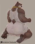  absurd_res back_muscles bear bodily_fluids bottomwear bulge butt clothing hi_res looking_at_viewer male mammal musclegut muscular muscular_male papa_bear_(puss_in_boots) paws rear_view shirt shorts shy solo sweat sweaty_butt the_dumbid topwear 