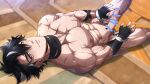  1boy abs bar_censor bara black_gloves black_hair bound bound_wrists bulge censored completely_nude erection fingerless_gloves genshin_impact gloves highres kuroshinki large_pectorals lying male_focus multicolored_hair muscular muscular_male navel nipples nude on_back paid_reward_available pectorals penis short_hair solo testicles two-tone_hair white_hair wriothesley_(genshin_impact) 