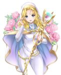  1girl adjusting_hair blonde_hair blue_eyes breasts chest_jewel fire_emblem fire_emblem:_the_sacred_stones flower habit highres holding holding_staff kakiko210 looking_at_viewer medium_breasts medium_hair natasha_(fire_emblem) open_mouth pink_flower robe smile solo staff white_background white_robe 